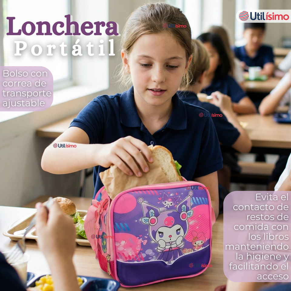 Mochila Escolar Kuromi 3D Con Ruedas Desmontable + Estuche + Lonchera Poliéster Rosa Niña