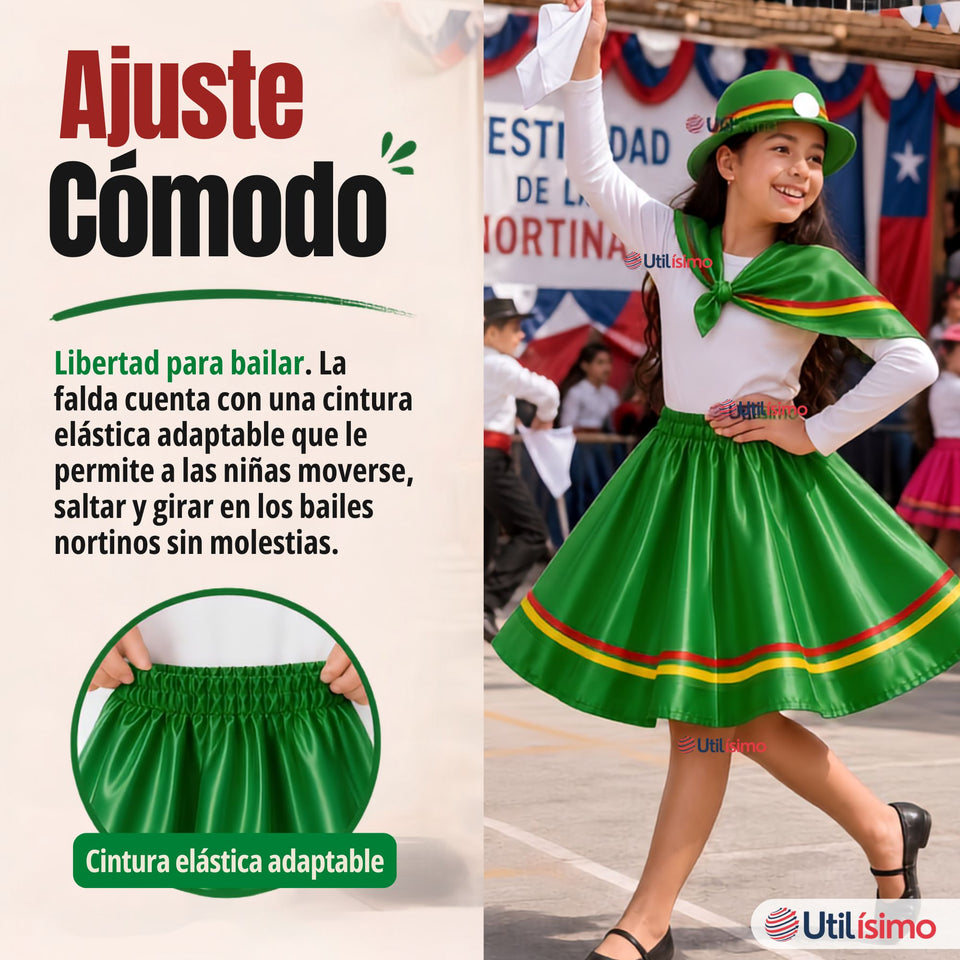 Pack 3 Trajes Nortinos Niña Verde 4 Piezas Con Poleras Baile Típico Fiestas Patrias