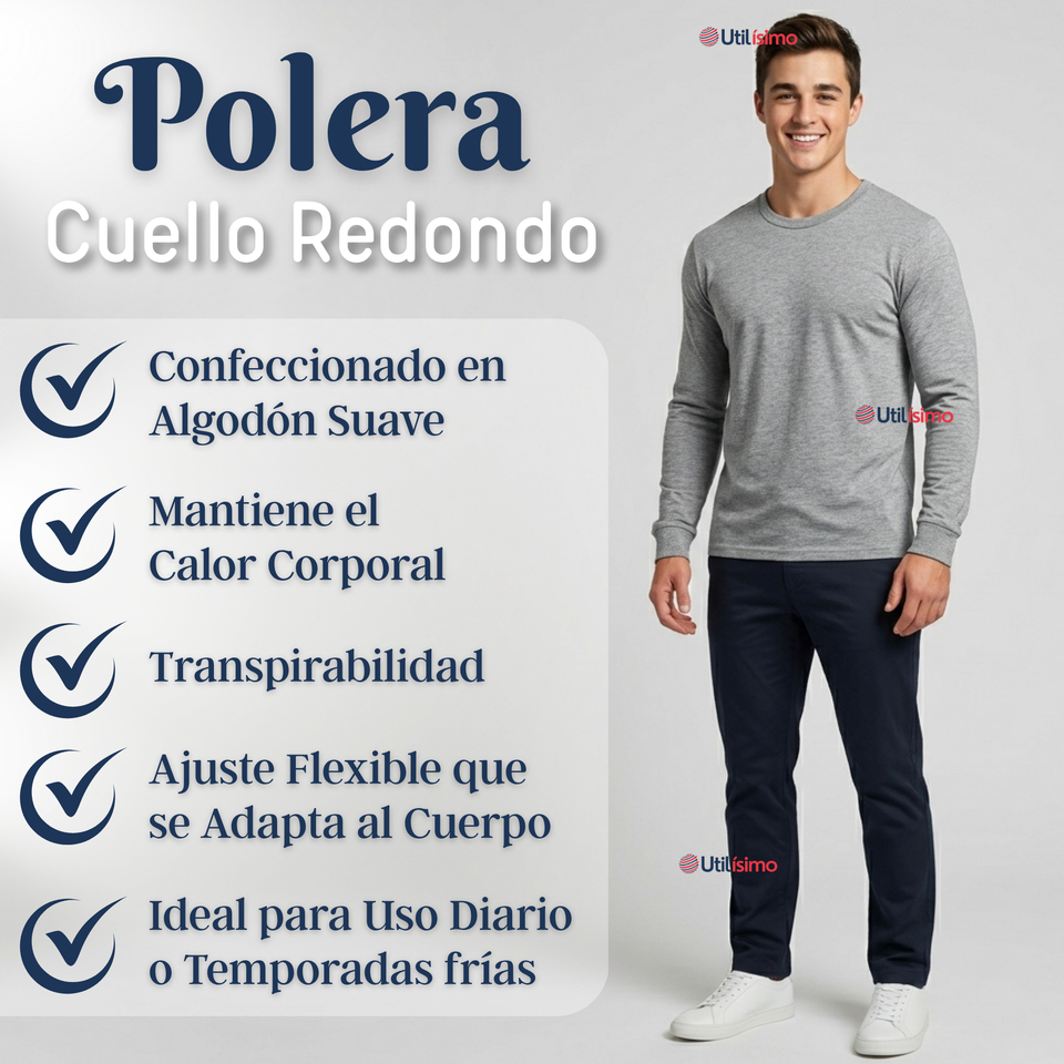 Pack 3 Camisetas Poleras Algodón Primera Capa Manga Larga Hombre Cuello Redondo