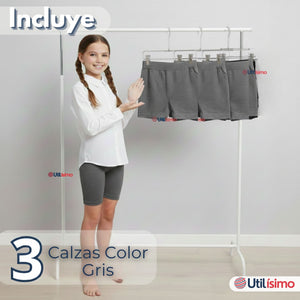 Pack 3 Calzas Cortas Escolar Pata Deportivas Niña Juvenil Color Gris