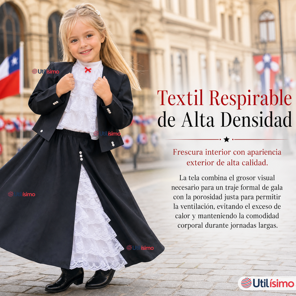 Traje Huasa Elegante NIña Conjunto 4 Piezas Tipico Fiestas Patrias