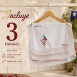 Pack 3 Pañuelos Cueca Bordado Viva Chile Con Encaje 44x44cm