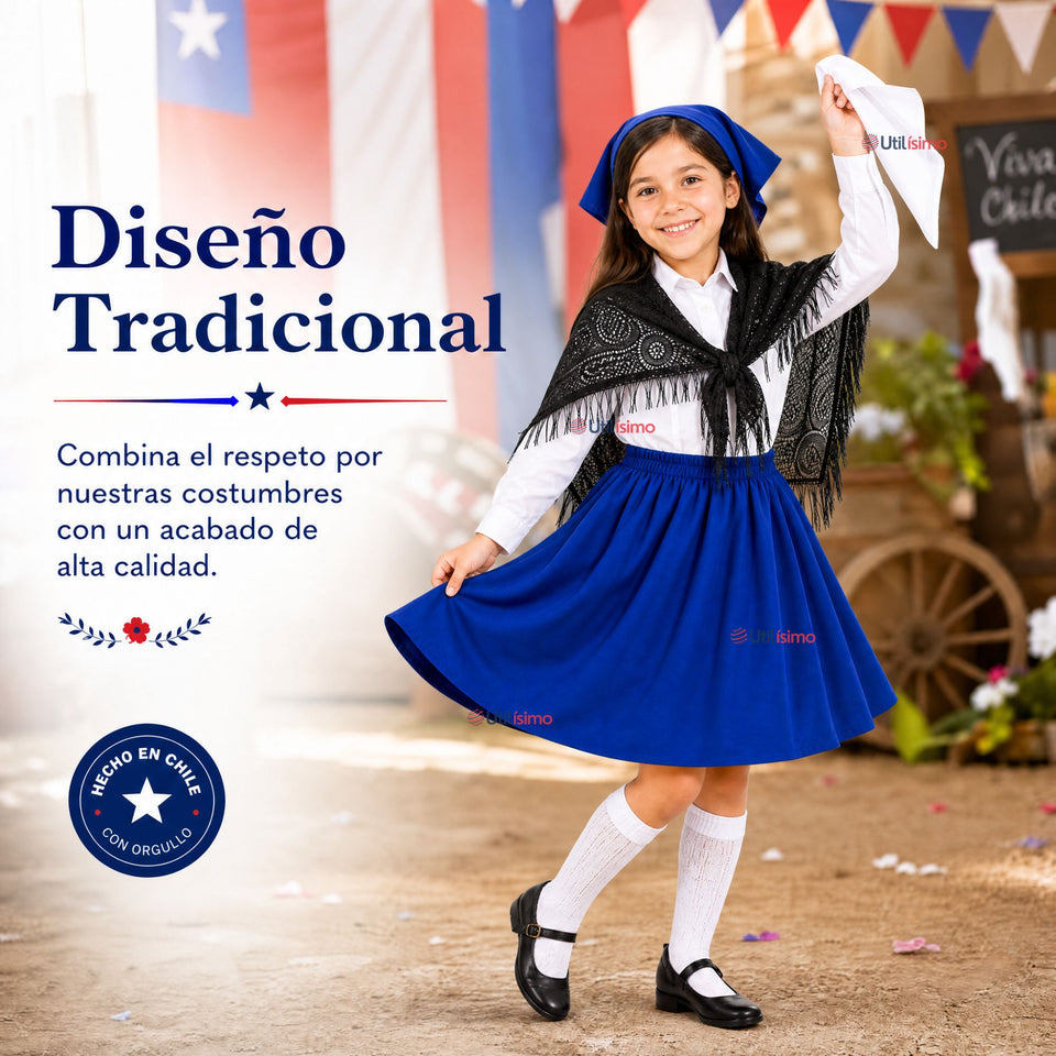 Traje Chilote Niña Azul Fiestas Patrias 3 Piezas Tradicional Chilota