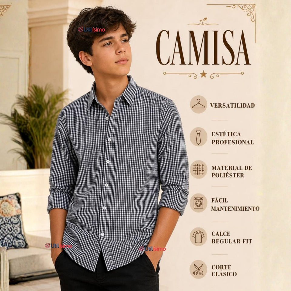 Camisa Cuadrille Niño Azul Clásica Regular Fit Manga Larga