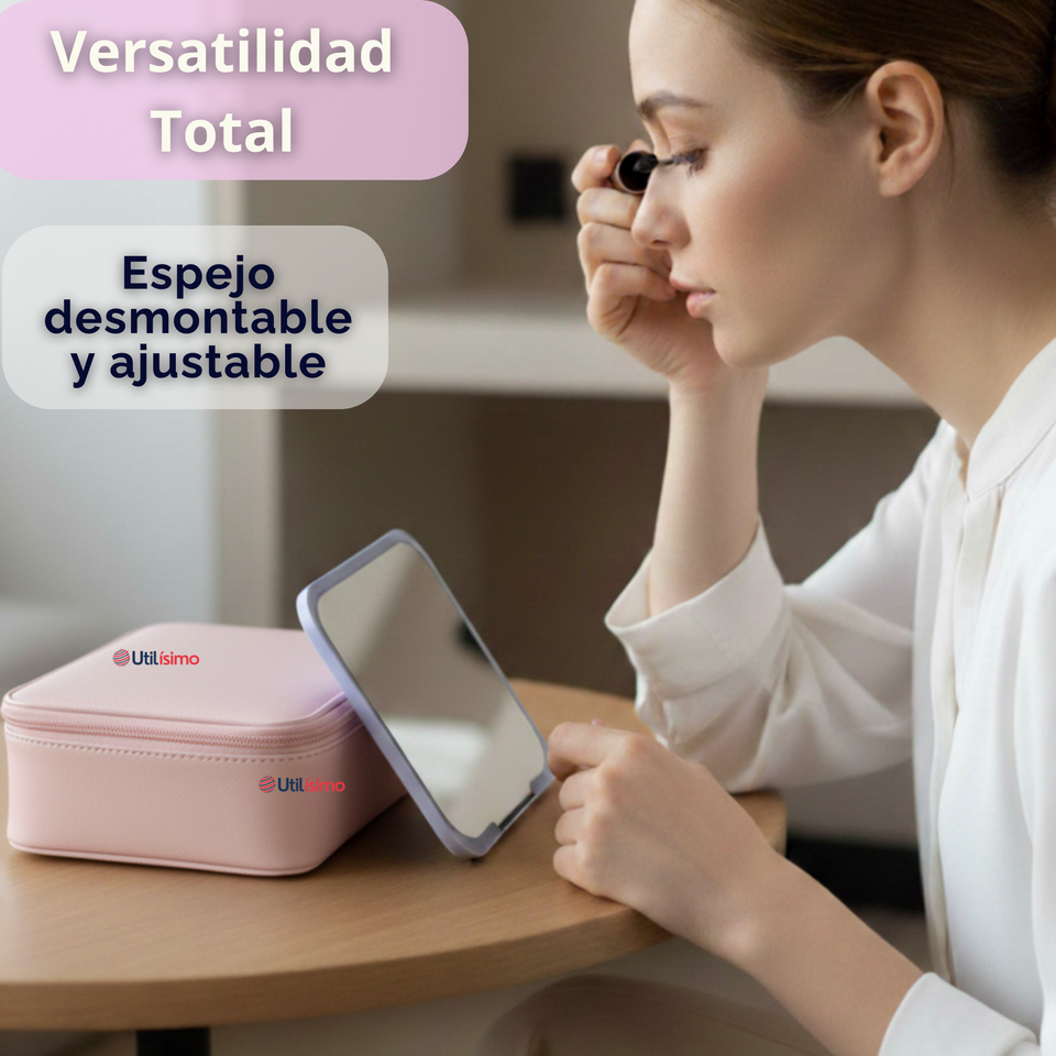 Estuche Maquillaje 2 en 1 Bolso Cosmetiquero Espejo Con Luz Led Organizador