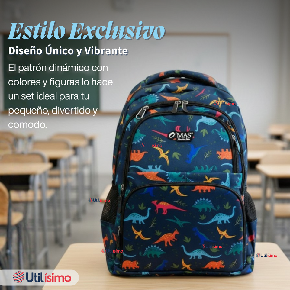 Mochila Bolso Escolar + Lonchera + Estuche 45Cm Niño Tela Oxford Dinosaur