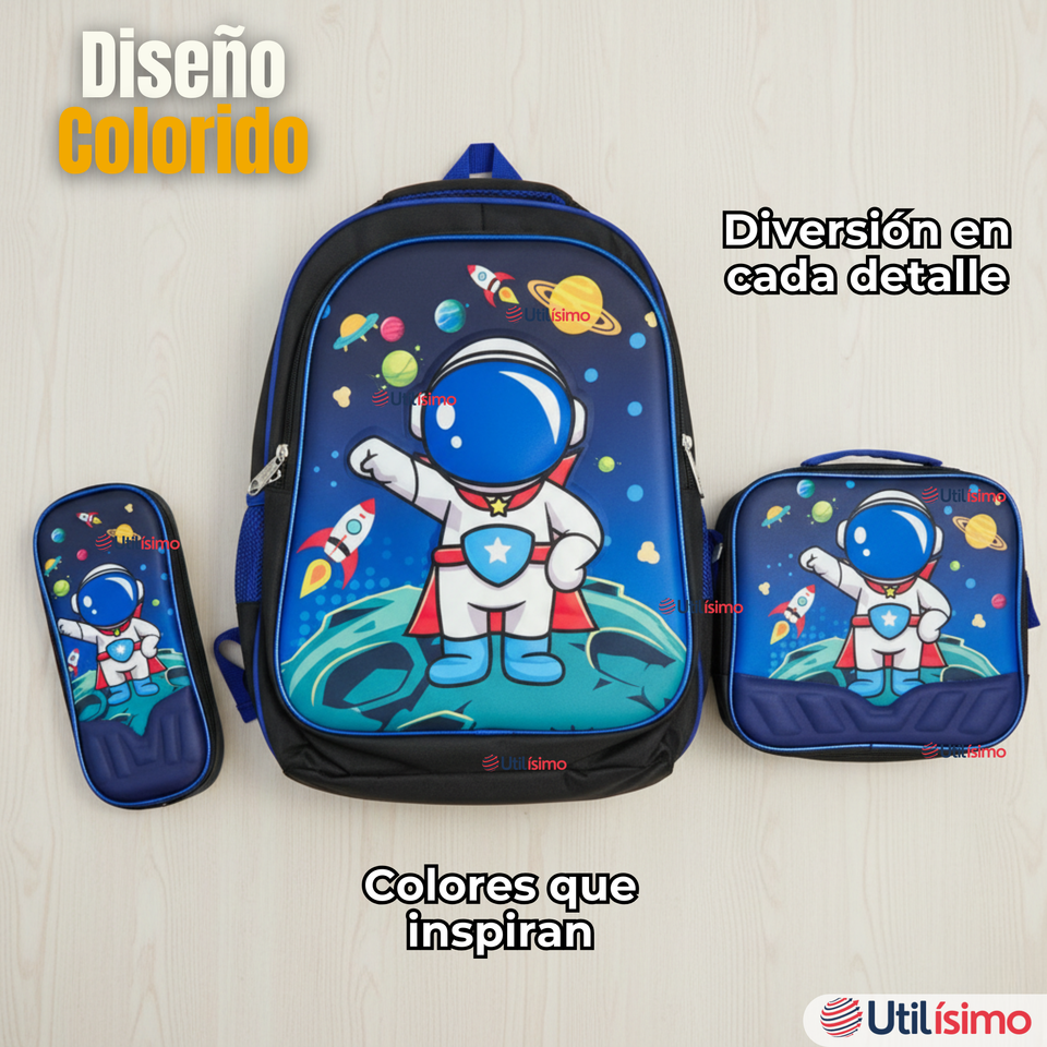 Mochila Escolar Con Ruedas + Estuche + Lonchera Poliéster Astronauta Niño