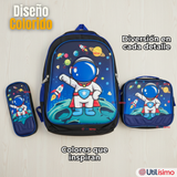 Mochila Escolar Con Ruedas + Estuche + Lonchera Poliéster Astronauta Niño