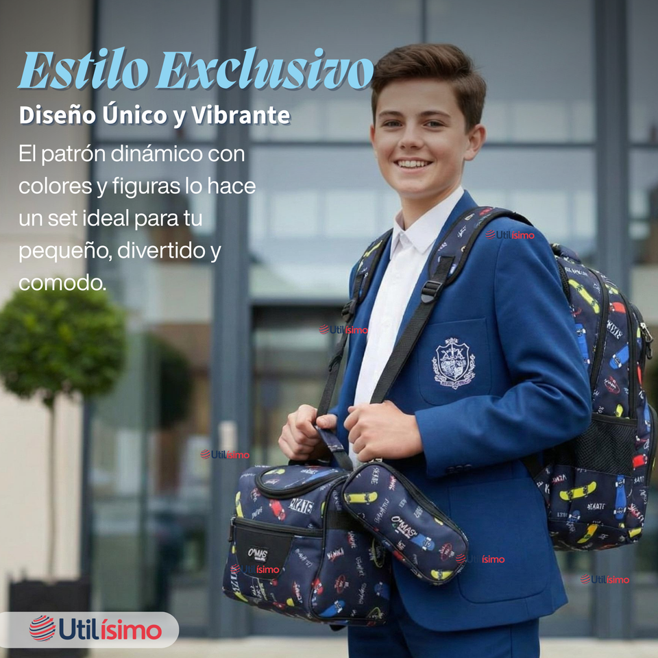 Mochila Bolso Escolar + Lonchera + Estuche 45Cm Niño Tela Oxford
