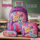Mochila Escolar Con Ruedas + Estuche + Lonchera Poliéster Princesas Niña