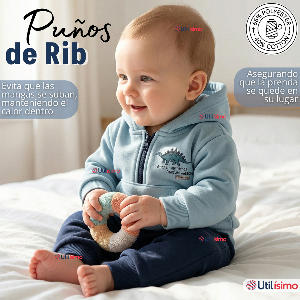 Conjunto 2 Piezas Buzo Pantalón Y Polerón Con Capucha Azul Dinosaurio Bebé Niño