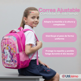Mochila Bolso Escolar Diseño 3D + Estuche + Lonchera 40Cm Niña Tela Oxford Unicorn Love