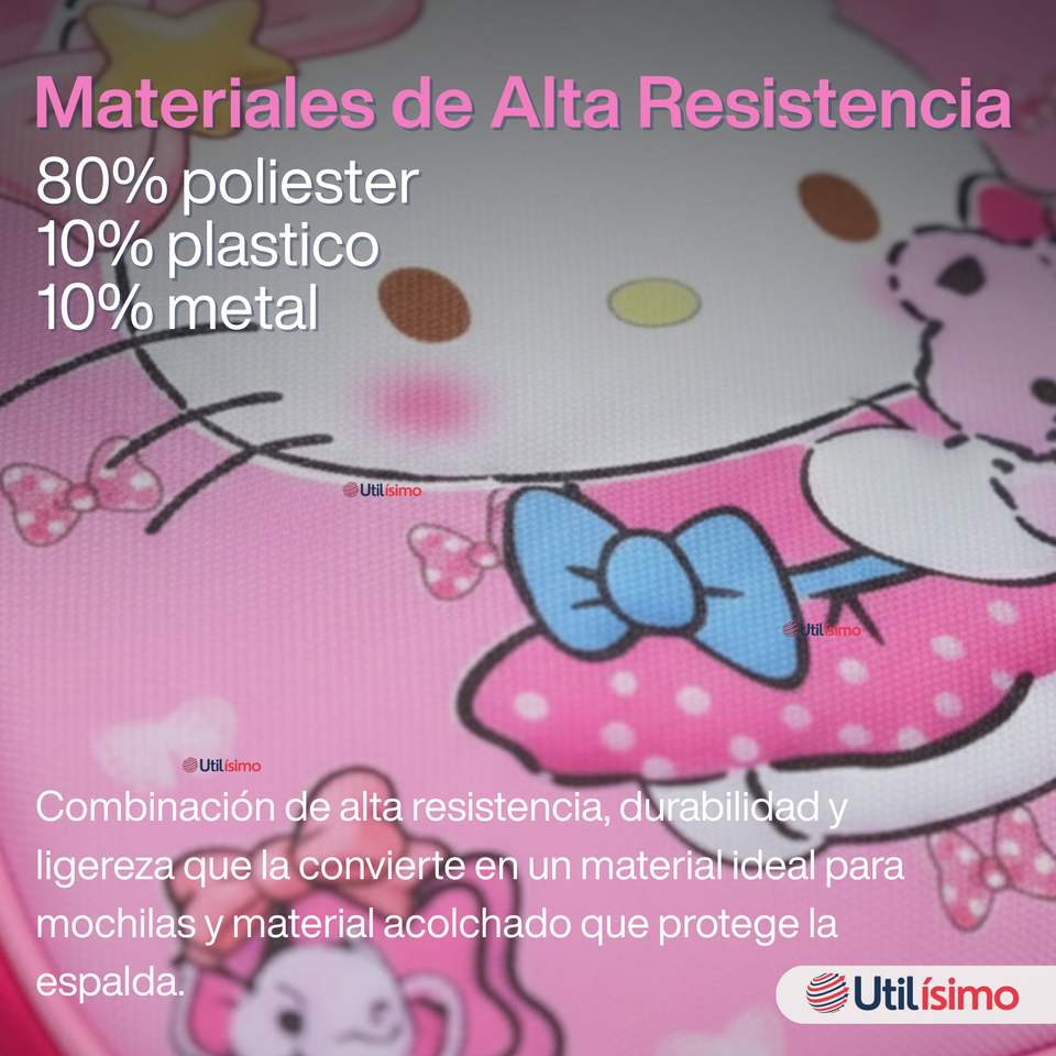 Mochila Escolar Hello Kitty Teddy Con Ruedas Desmontables + Estuche + Lonchera Niña Poliéster