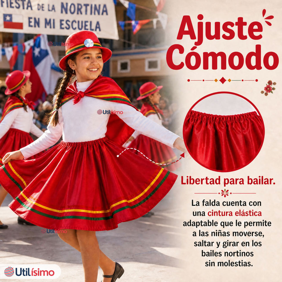 Pack 3 Trajes Nortinos Niña Rojo 4 Piezas Con Poleras Baile Típico Fiestas Patrias