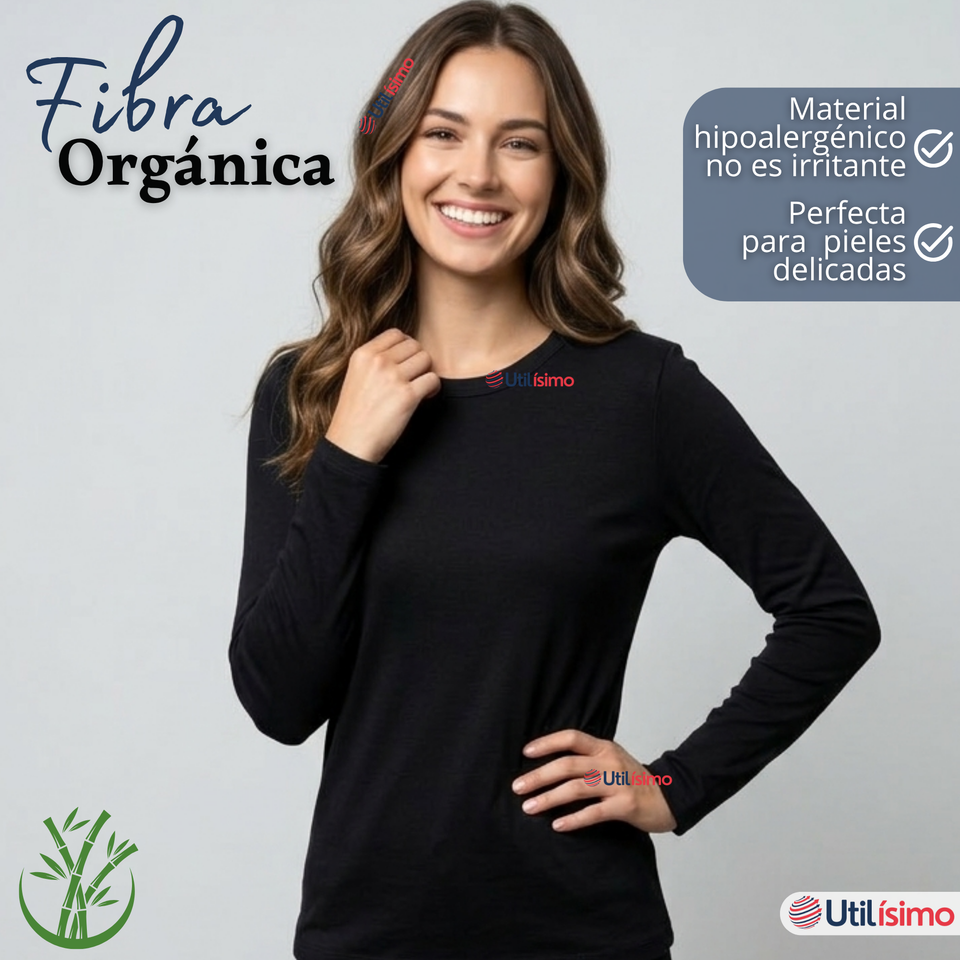 Pack 3 Camisetas Poleras Bambú Primera Capa Manga Larga Negro Mujer