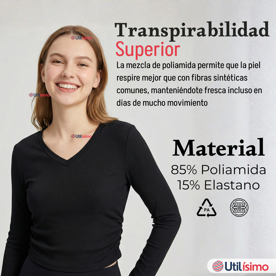 Pack 6 Camisetas Polar Polera Cuello V Mujer Manga Larga Tela Acanalada Colores Surtidos