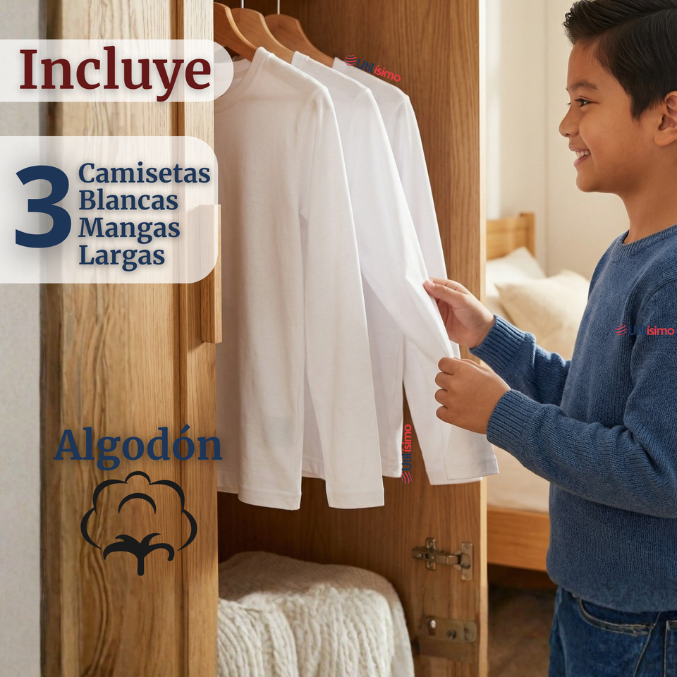 Pack 3 Camisetas Algodón Manga Larga Polera Primera Capa Blanco Niño