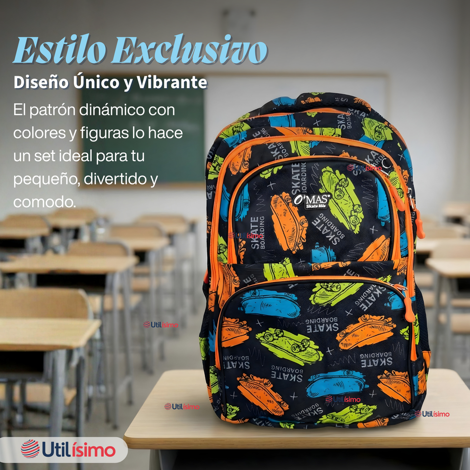 Mochila Bolso Escolar + Lonchera + Estuche 45Cm Niño Tela Oxford Skate