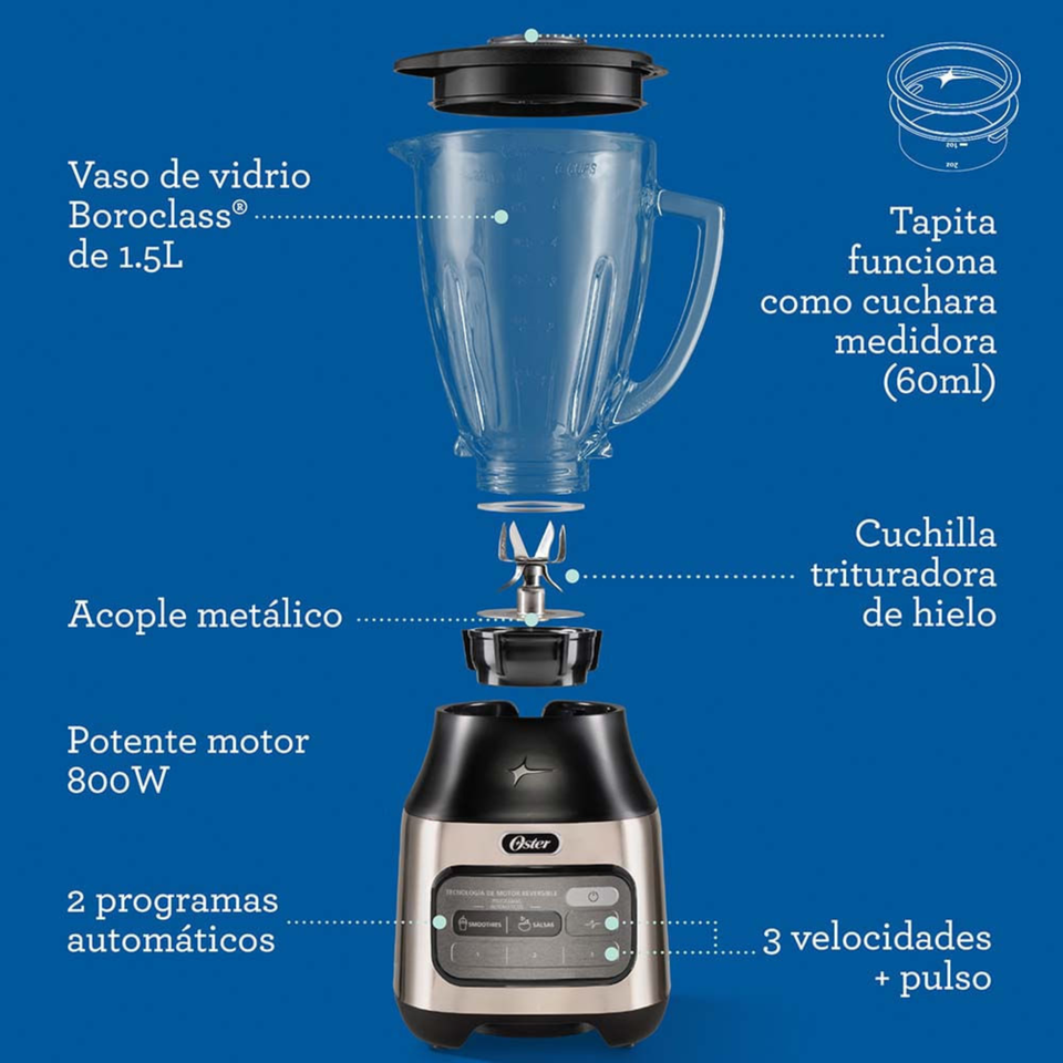 Licuadora Oster® con tecnología reversible, 2 programas automáticos y 3 velocidades más pulso