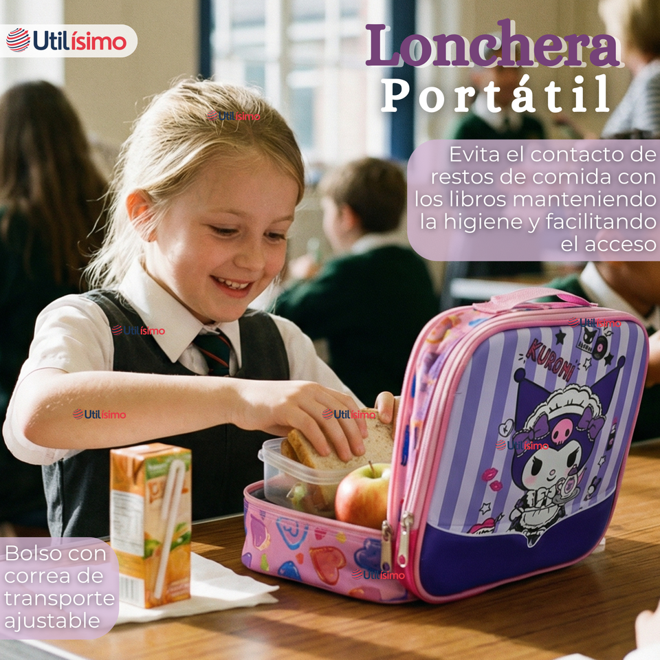 Mochila Escolar Kuromi 3D Con Ruedas Desmontable + Estuche + Lonchera Poliéster Morado Niña