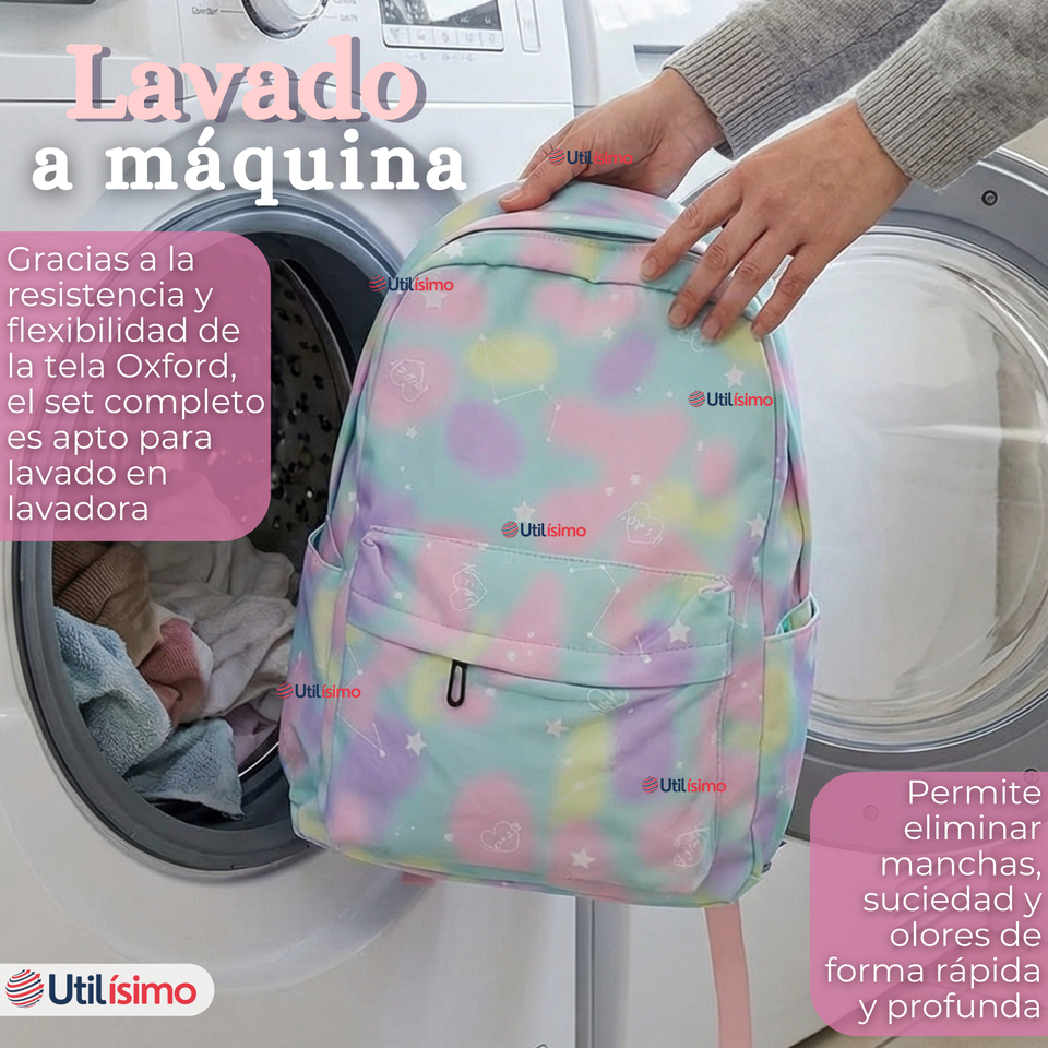 Mochila Escolar + Estuche + Lonchera 40cm Tela Oxford Verde Agua Niña