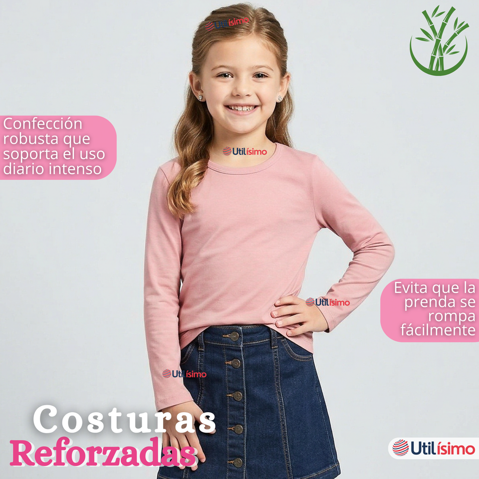 Pack 3 Camisetas Poleras Bambú Cuello Redondo Rosado Claro Primera Capa Manga Larga Niña