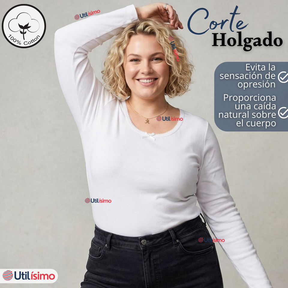 Camiseta Polera Algodón Primera Capa Manga Larga Blanco Mujer