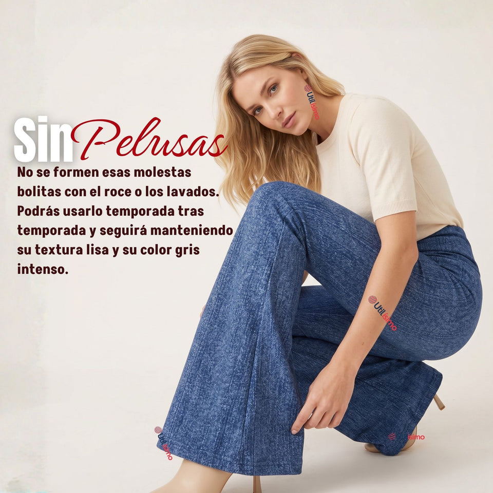 Calza Polar Con Chiporro Palazzo Mujer Elasticada Térmica Azul Jeans