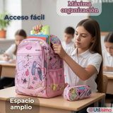 Mochila Escolar Con Estuche 43cm Tela Oxford Impermeable Niña
