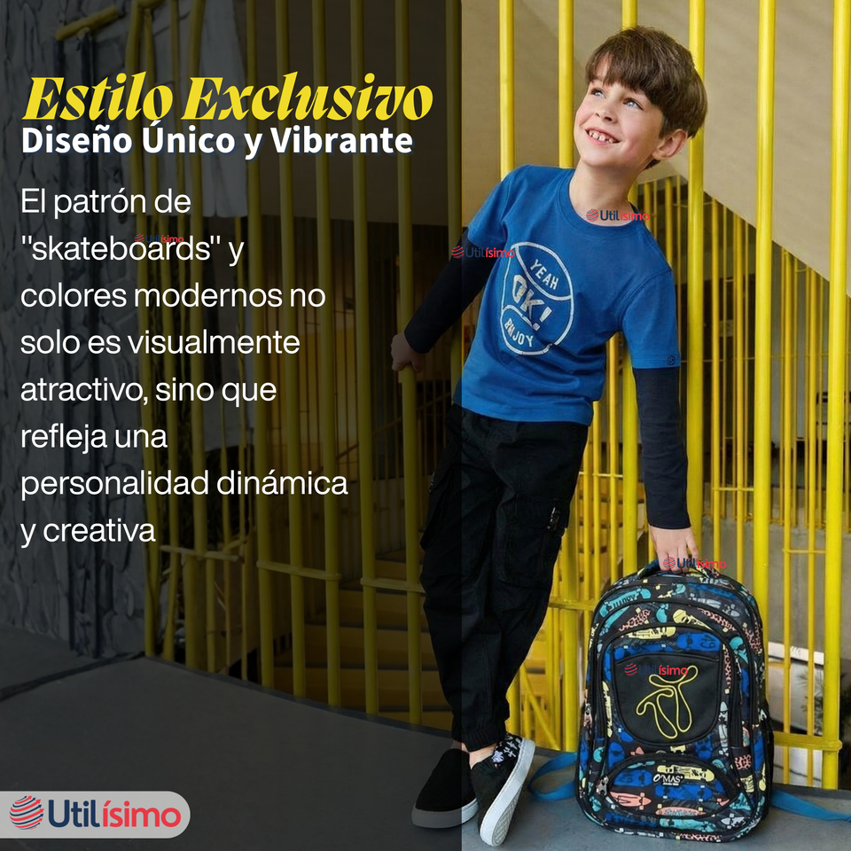 Mochila Escolar Bolso Con Estuche 43Cm Tela Oxford Niño Happy Skate