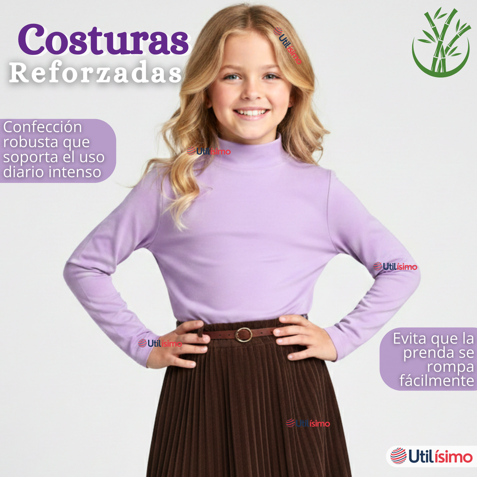 Pack 3 Poleras Camisetas Bambú Lilas Cuello Beatle Primera Capa  Manga Larga Niña