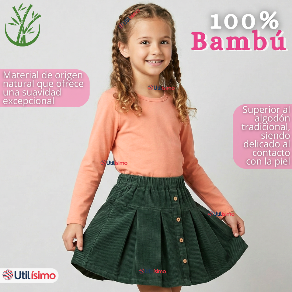 Camiseta Polera Bambú Cuello Redondo Primera Capa Manga Larga Colores Surtido Niña