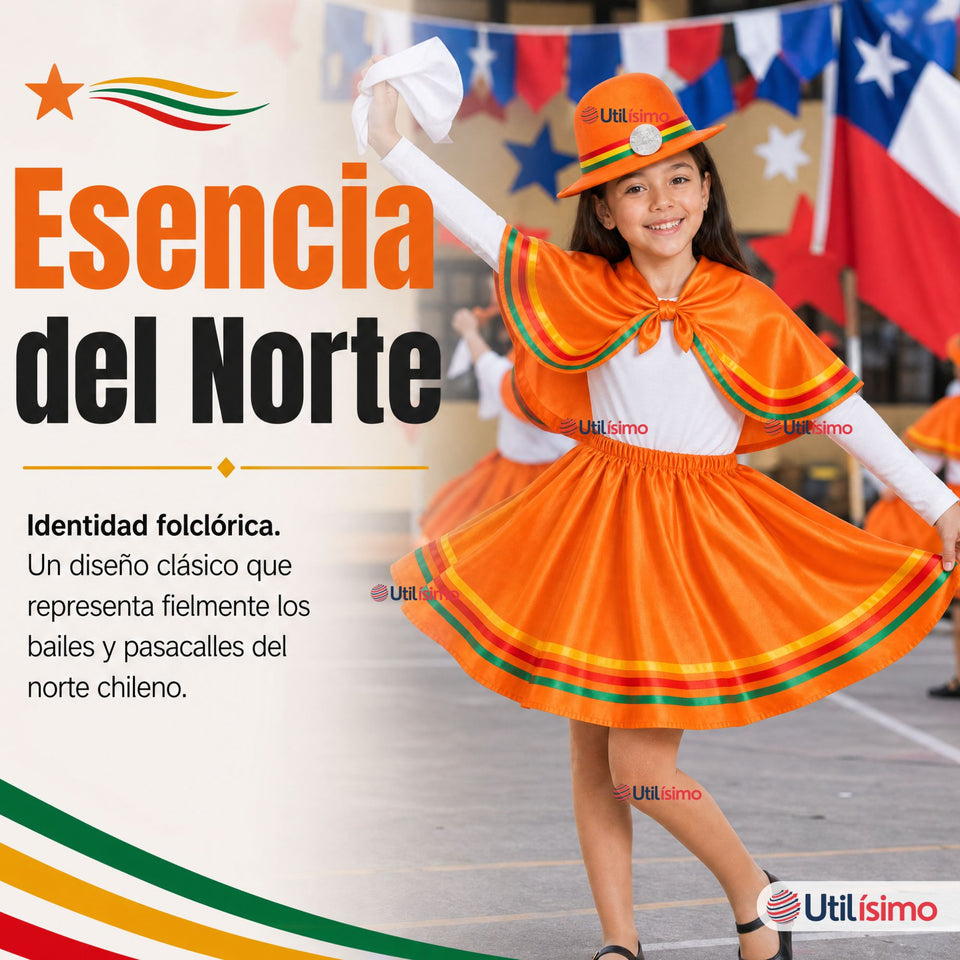Traje Nortino Niña Naranja 4 Piezas Con Polera Baile Típico Fiestas Patrias