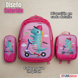 Mochila Escolar Con Ruedas + Estuche + Lonchera Poliéster Niña