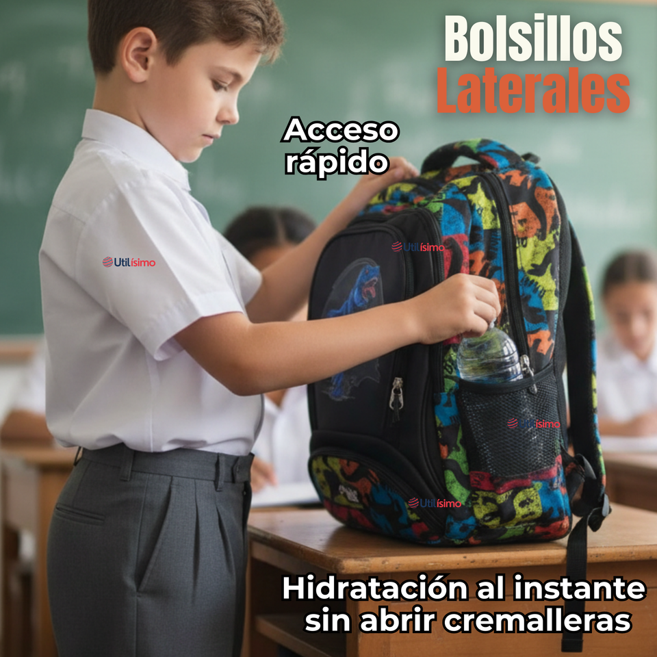Mochila Escolar Kit Con Estuche y Lonchera 43cm Tela Oxford Dino Niño