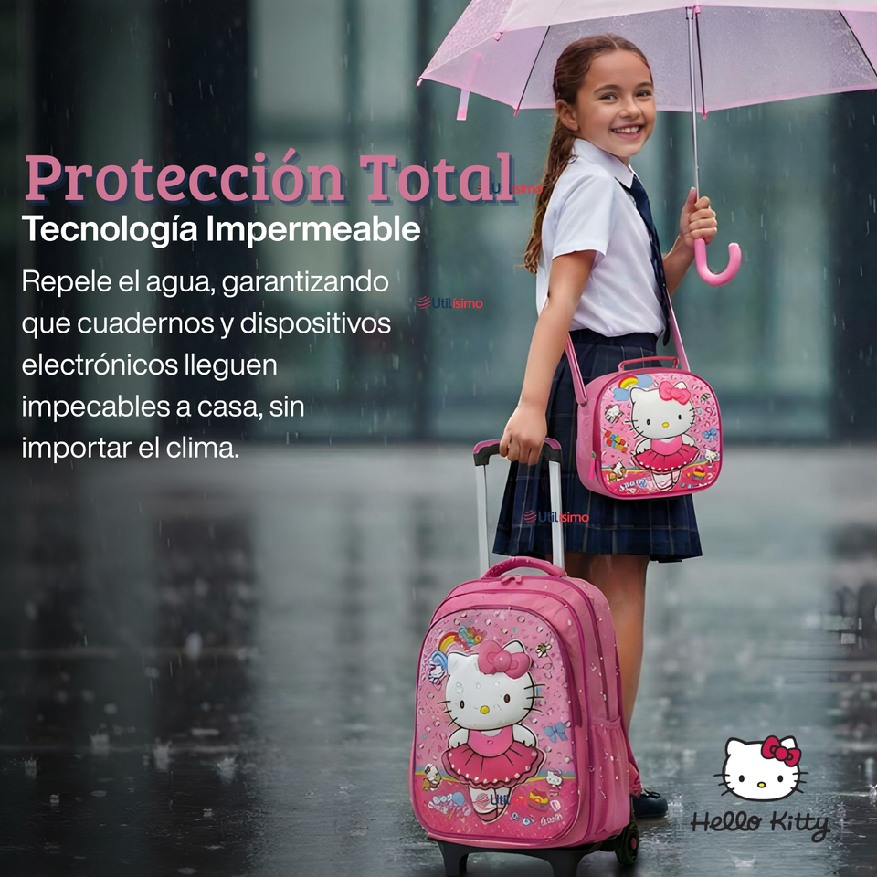 Mochila Escolar Hello Kitty Bailarina Con Ruedas Desmontables + Estuche + Lonchera Niña Poliéster