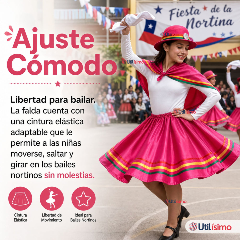Pack 3 Trajes Nortinos Juveniles Con Poleras 4 Piezas Fucsia Baile Típico Fiestas Patrias