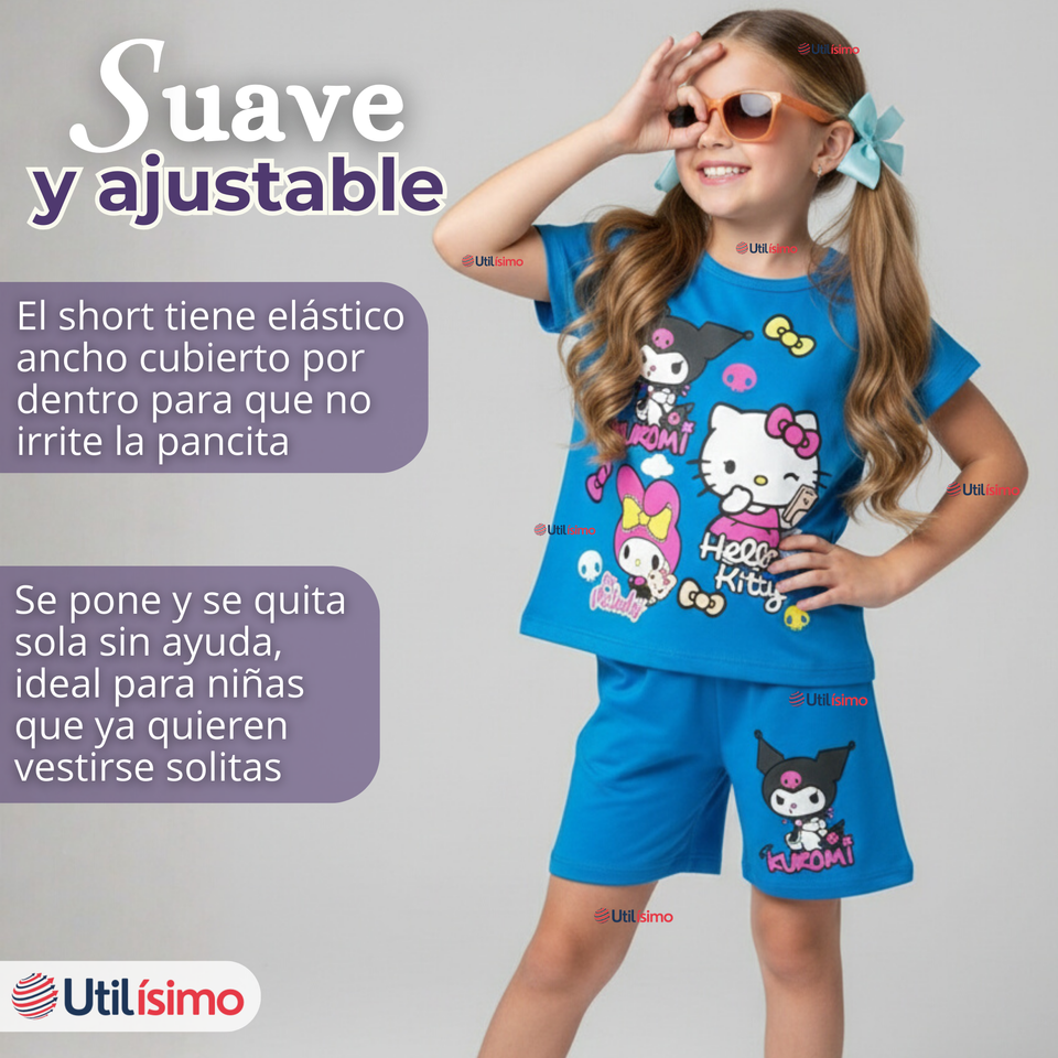 Conjunto Sanrio 100% Algodón Polera Pantalón Corto Niña Kuromi Hello Kitty My Melody