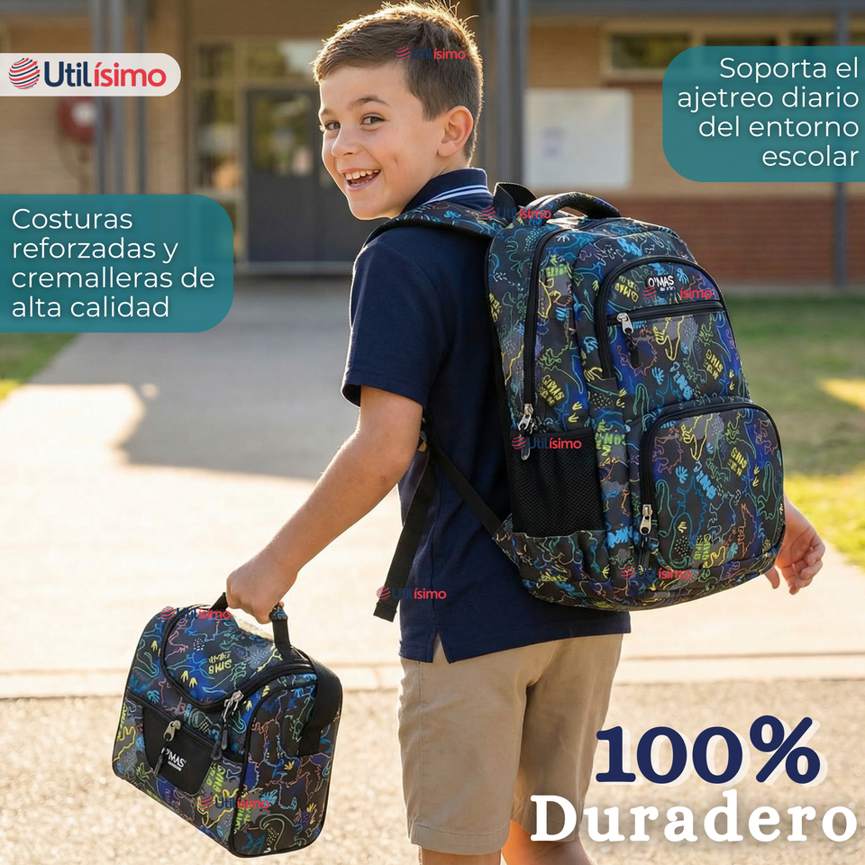 Mochila Escolar + Estuche + Lonchera 45cm Tela Oxford Estampado de Dinosaurio Niño
