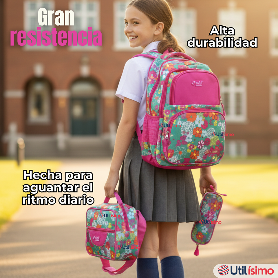 Mochila Escolar Kit Con Estuche y Lonchera 43cm Tela Oxford Niña