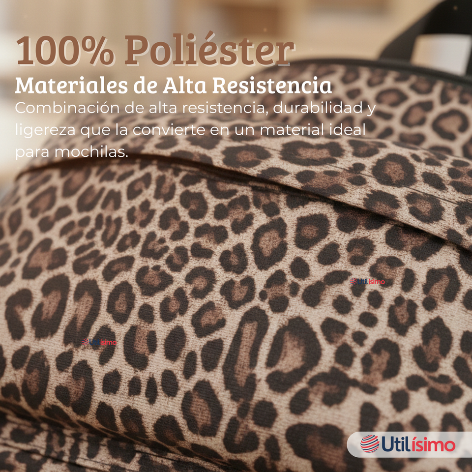 Mochila Bolso Animal Print Con Estampado De Leopardo + Lonchera + Estuche Escolar Niña 42Cm