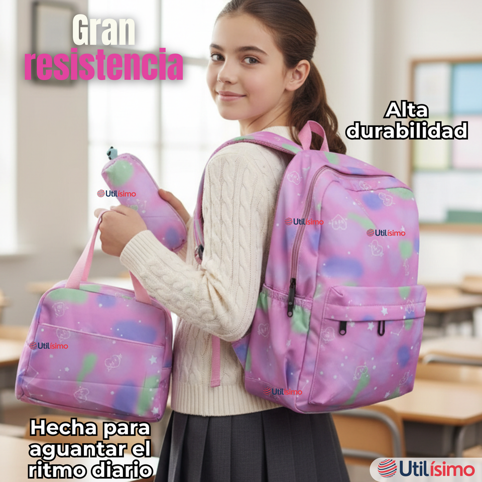 Mochila Escolar Kit Con Estuche y Lonchera 43cm Tela Oxford Niña