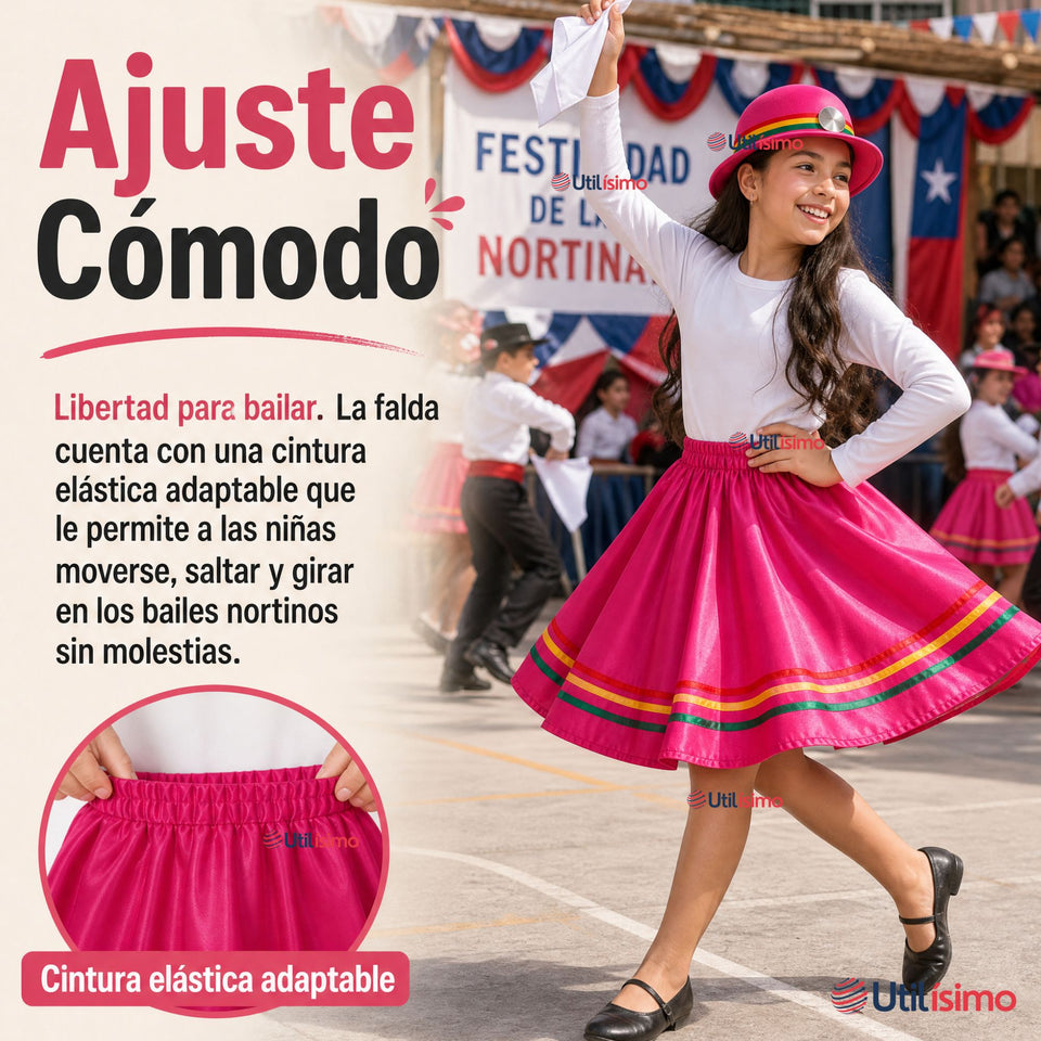 Pack 3 Trajes Nortinos Niña Fucsia 4 Piezas Con Poleras Baile Típico Fiestas Patrias