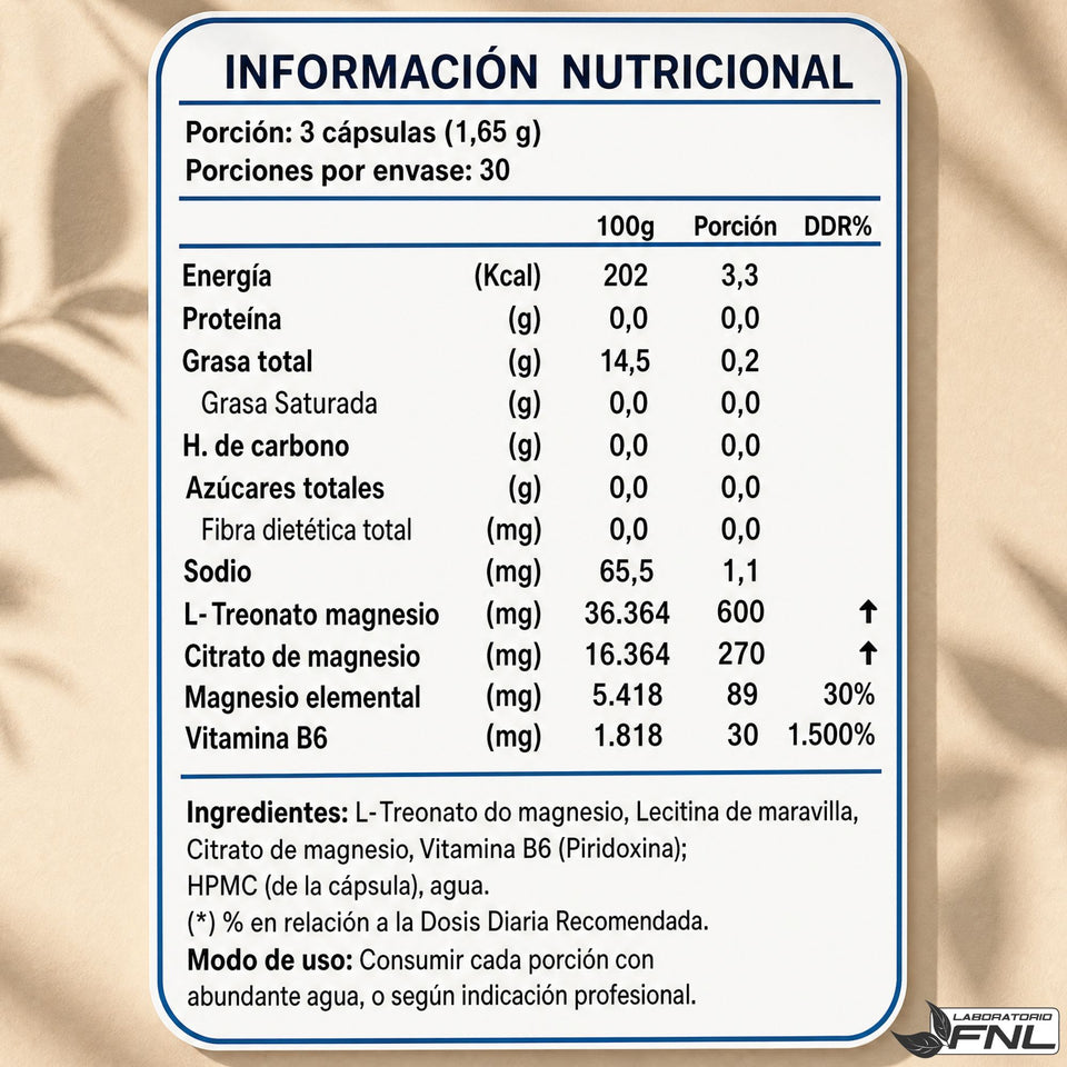 L-Treonato De Magnesio FNL 90 Capsulas Stress Fatiga Sabor Natural