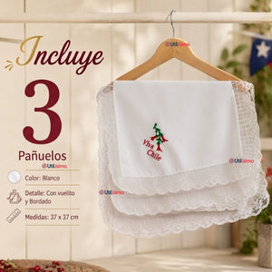 Pack 3 Pañuelos Baile Cueca 37cm Copihue Bordado Viva Chile Encaje Fiestas Patrias