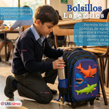 Mochila Escolar Con Ruedas + Estuche + Lonchera 46cm Desmontable Poliéster Azul Tiburón Niño