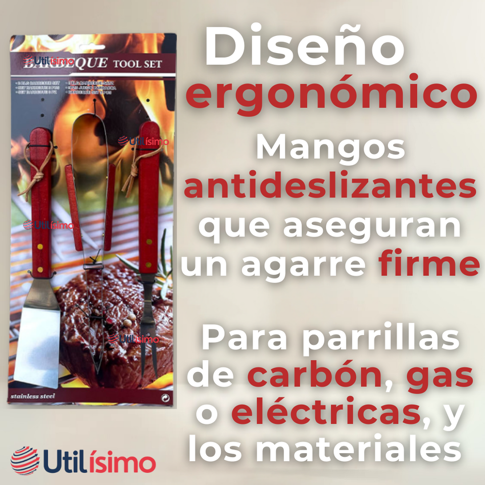 Kit Parrillero 3 Piezas Pinza Espátula Tenedor Para Asados Mango Madera Acero Inoxidable