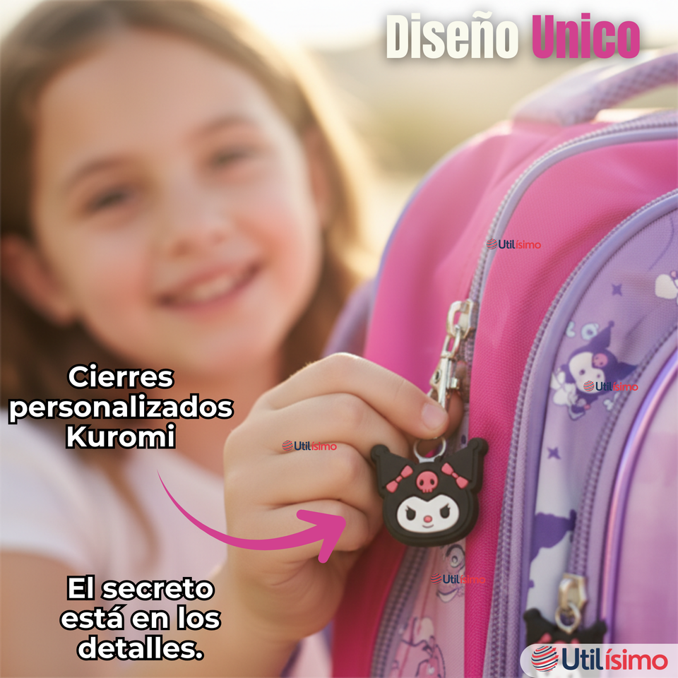Mochila Kuromi Escolar Con Ruedas + Estuche + Lonchera Desmontable Poliéster Lila Niña