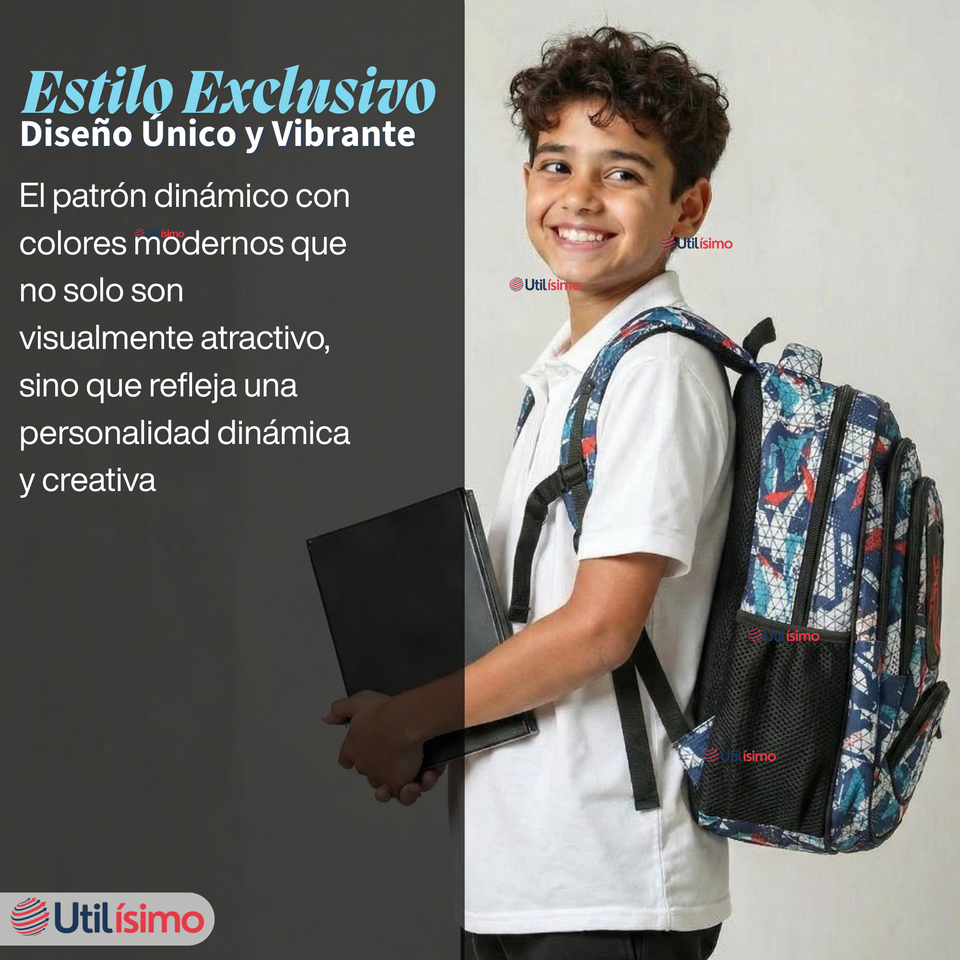 Mochila Escolar Bolso Con Estuche 43Cm Tela Oxford Niño Design Geometric