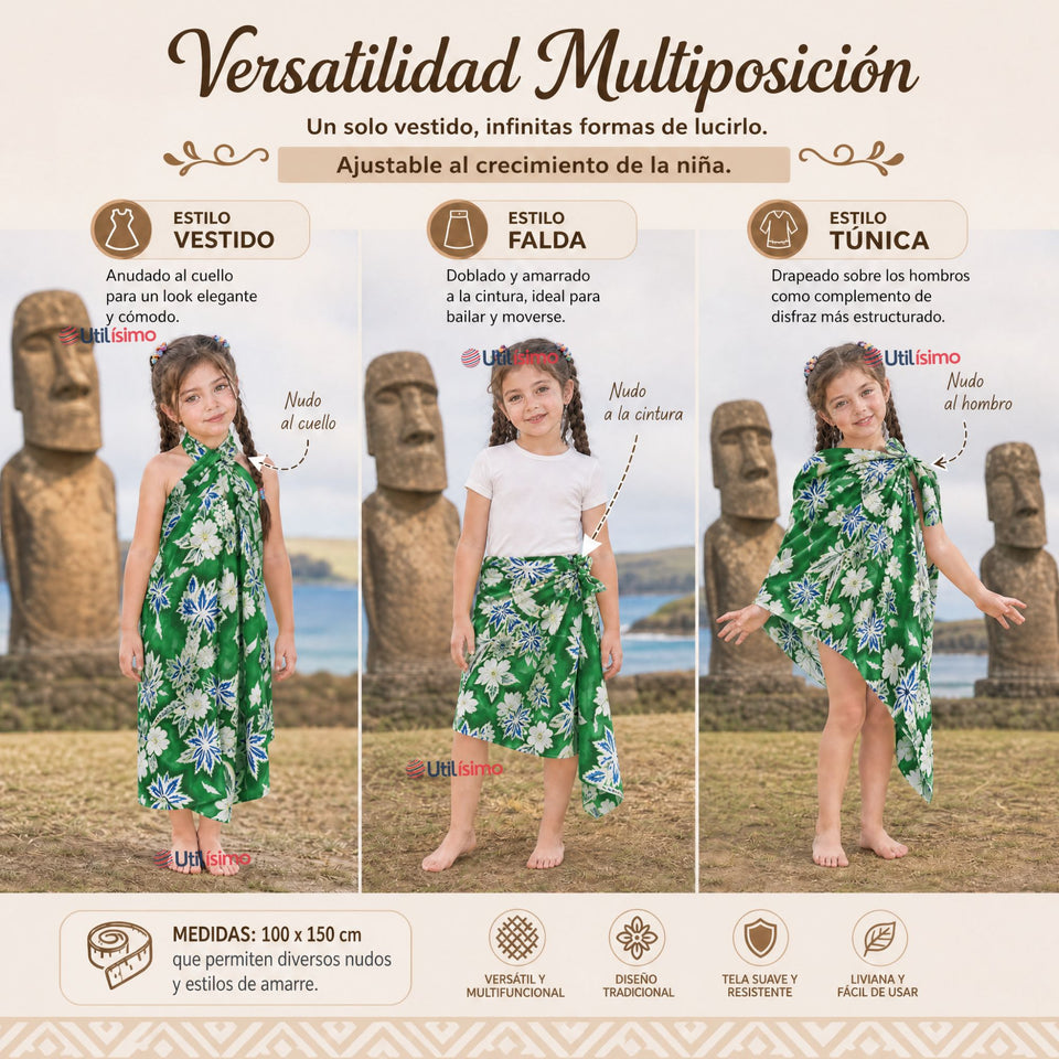 Pareo Pascuense Niña Hawaiano Verde Danza Fiestas Patrias
